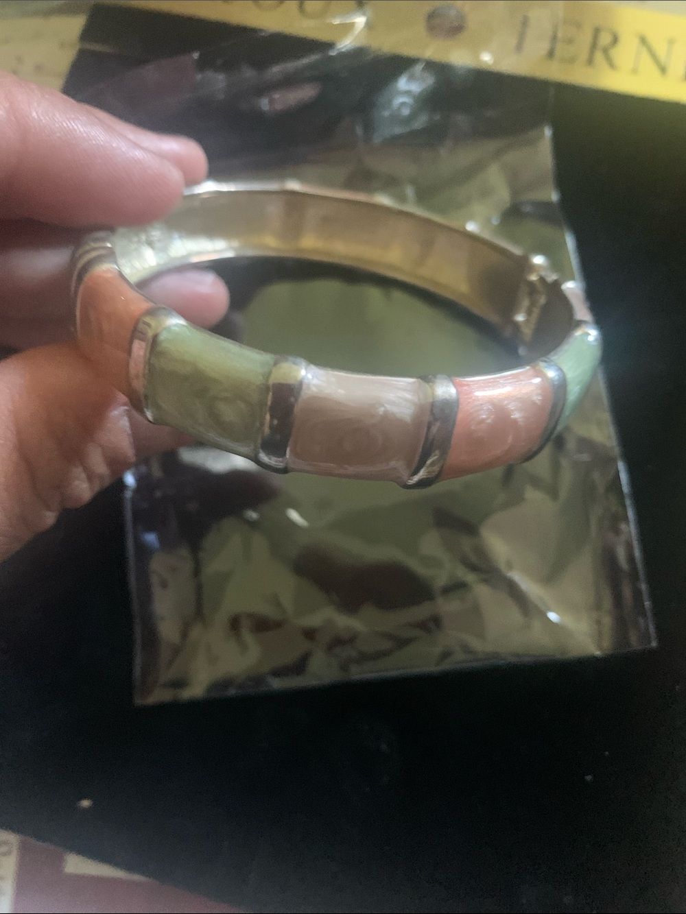 Enamel Tile Bangle Bracelet in Peach, Green & Cream